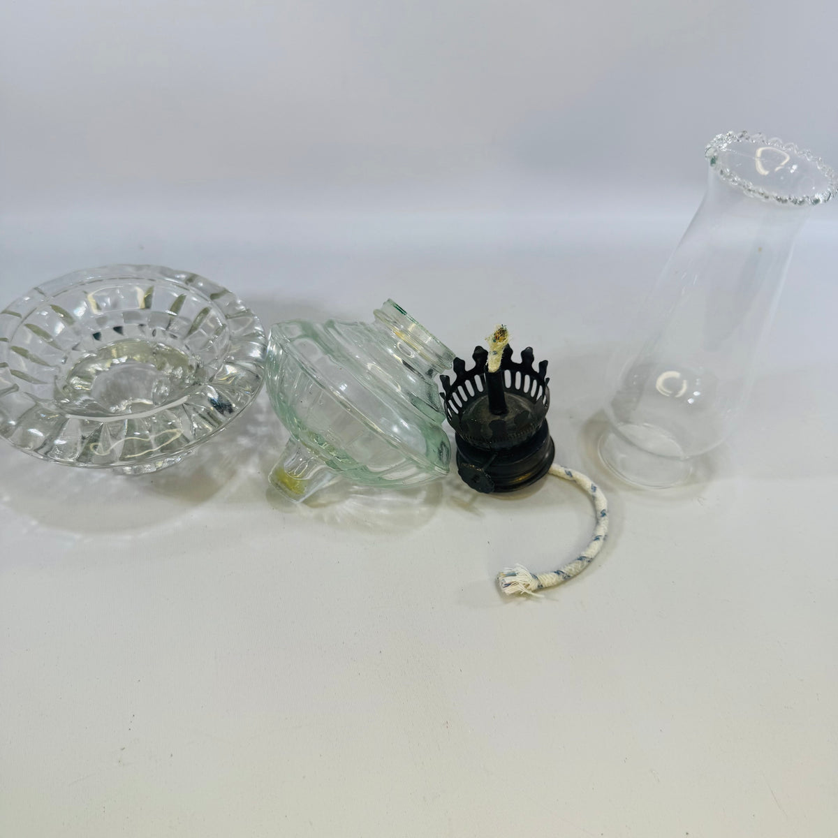 Vintage Clear Glass Kerosene Hurricane Oil Lamp — Ribbed Base with Metal Burner