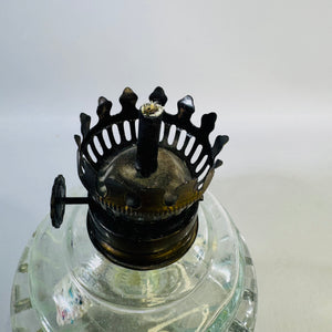 Vintage Clear Glass Kerosene Hurricane Oil Lamp — Ribbed Base with Metal Burner