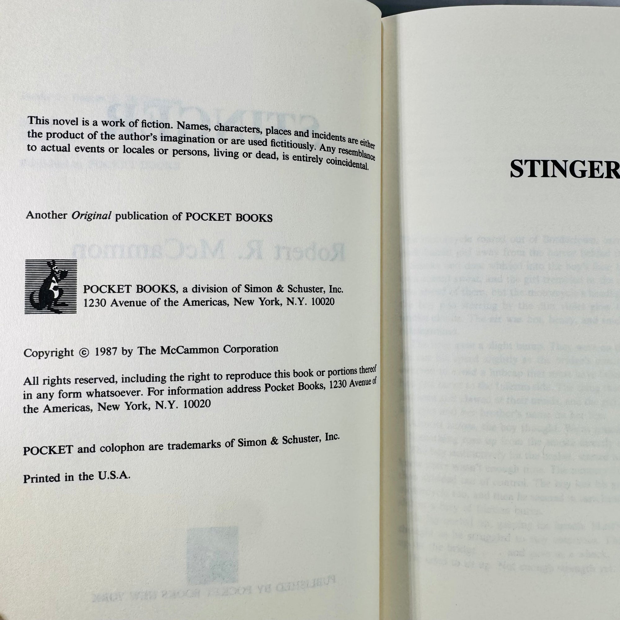 Vintage Horror & Sci-Fi Thriller — Stinger (1987 Book Club Edition) — Robert R. McCammon | Alien Invasion Novel, 1980s Horror Fiction