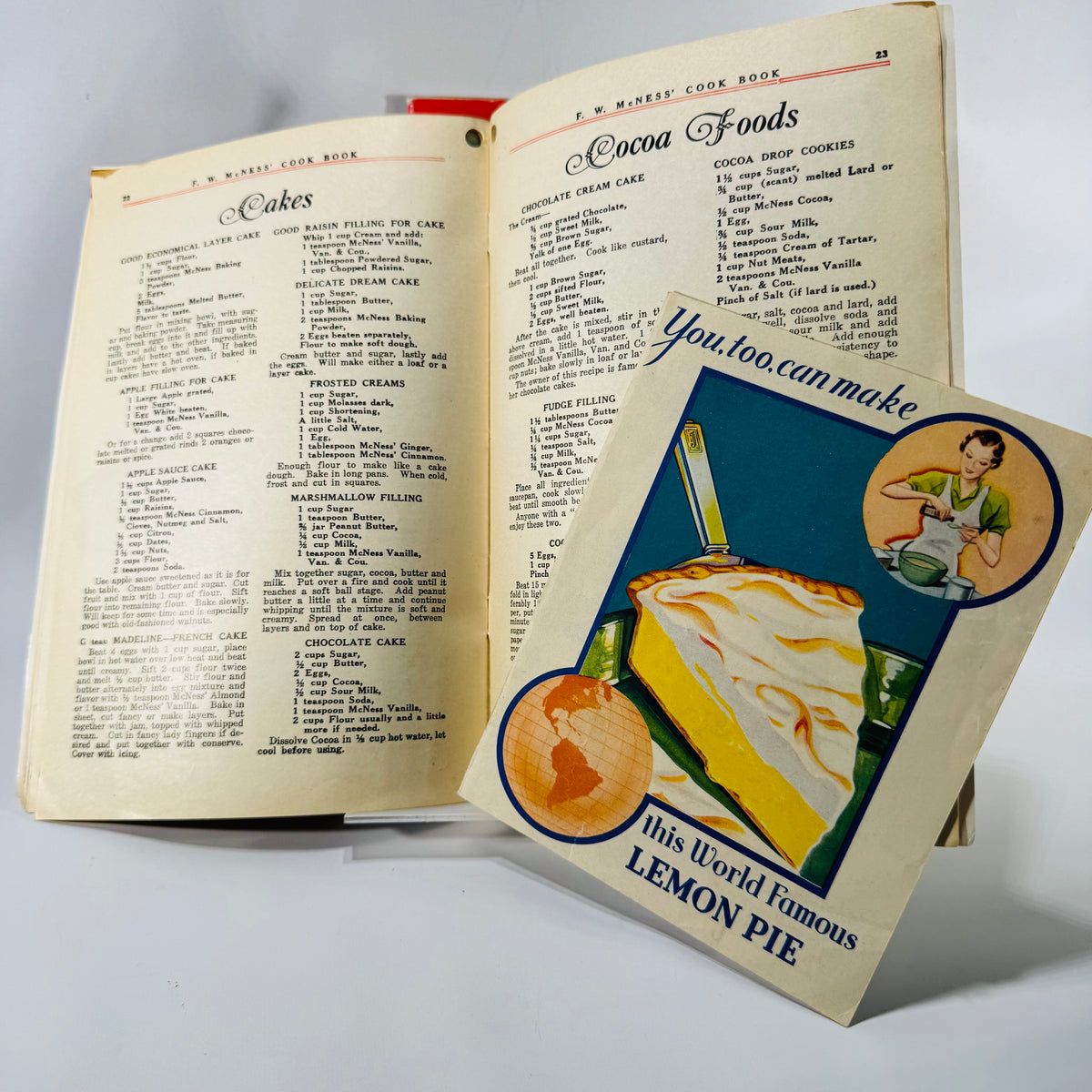 Vintage Cooking Ephemera Bundle — McNess Cook Book, Cake Secrets (1934), Lemon Pie Pamphlet | Advertising Recipes, Vintage Cooking Ephemera