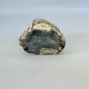 Polished Agate Nodule with Blue Gray Banding, Natural Rough Exterior, Cut Face Display Specimen