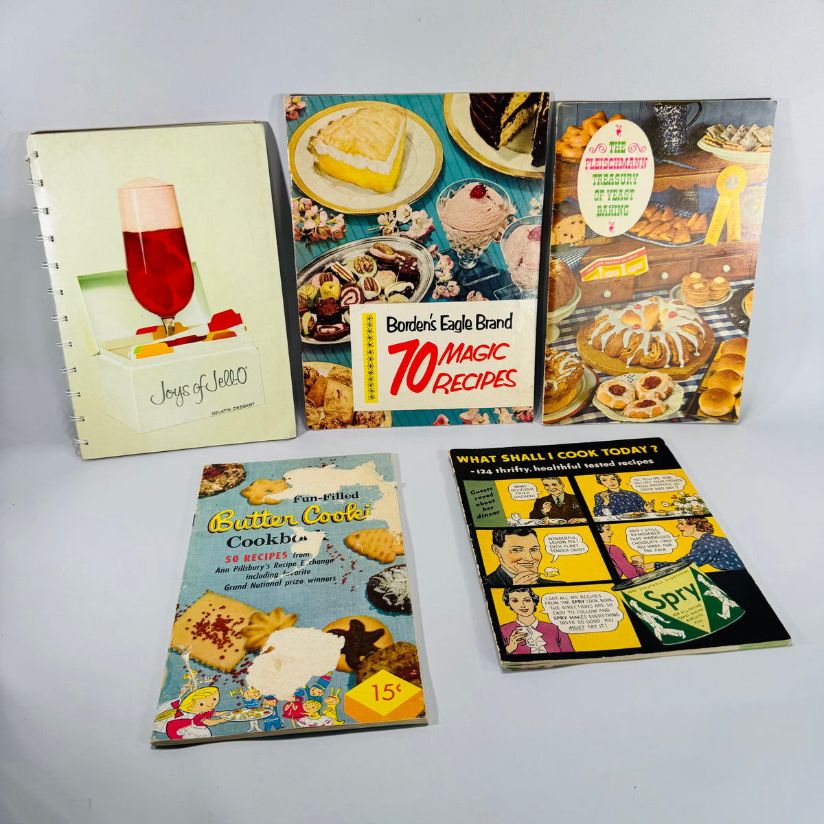 Vintage Cooking Ephemera — Mid-Century Recipe Booklet Bundle (1950s–1960s) — Jell-O, Borden’s, Pillsbury, Fleischmann’s | Advertising Recipes, Culinary Ephemera