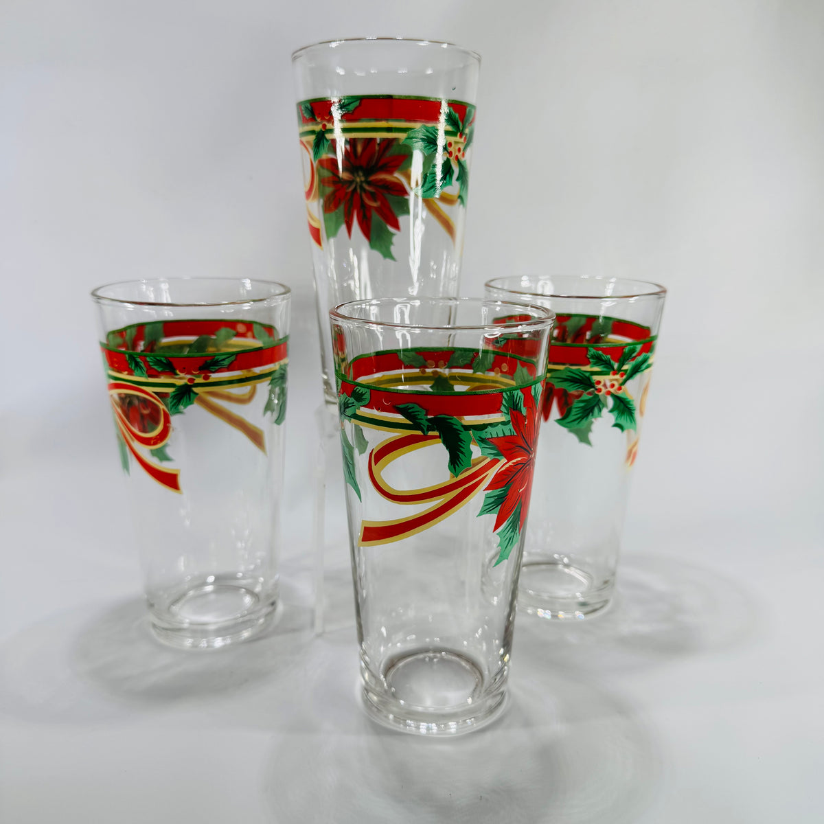 Vintage Fairfield Poinsettia & Ribbon Tumblers Set of 4 | 14oz Christmas Holiday Iced Tea Glasses | 1990's KIG Indonesia