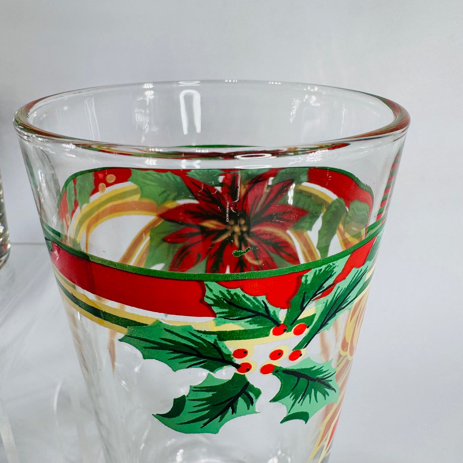 Vintage Fairfield Poinsettia & Ribbon Tumblers Set of 4 | 14oz Christmas Holiday Iced Tea Glasses | 1990's KIG Indonesia