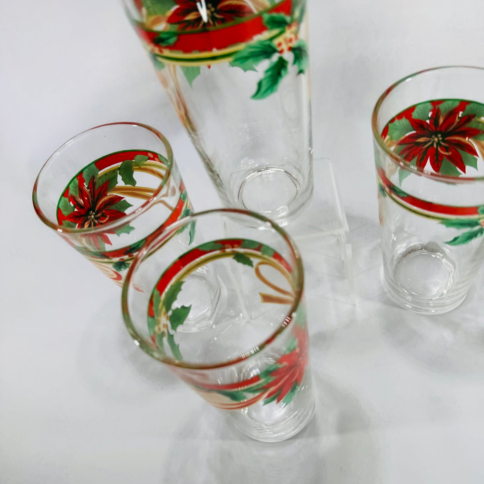Vintage Fairfield Poinsettia & Ribbon Tumblers Set of 4 | 14oz Christmas Holiday Iced Tea Glasses | 1990's KIG Indonesia