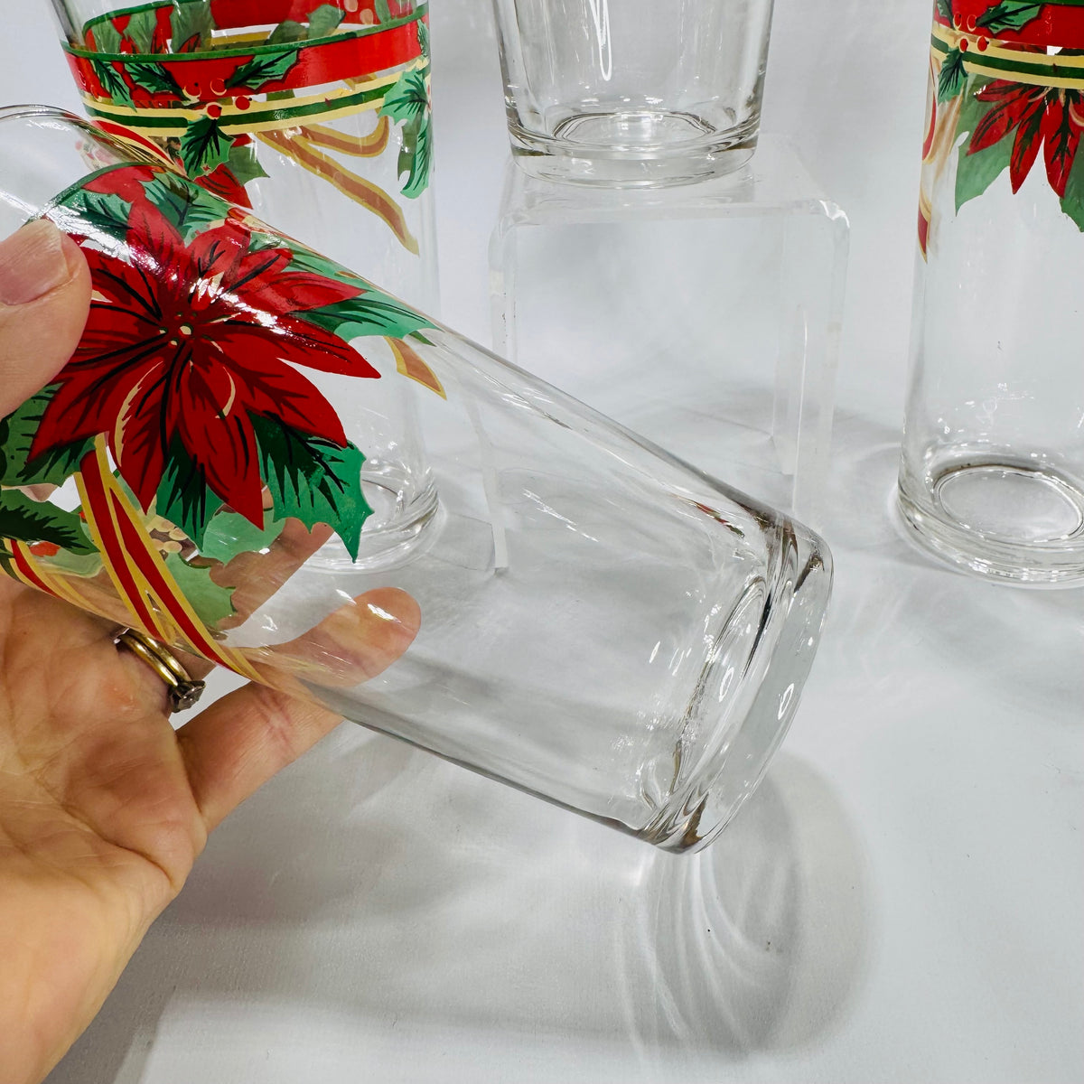 Vintage Fairfield Poinsettia & Ribbon Tumblers Set of 4 | 14oz Christmas Holiday Iced Tea Glasses | 1990's KIG Indonesia