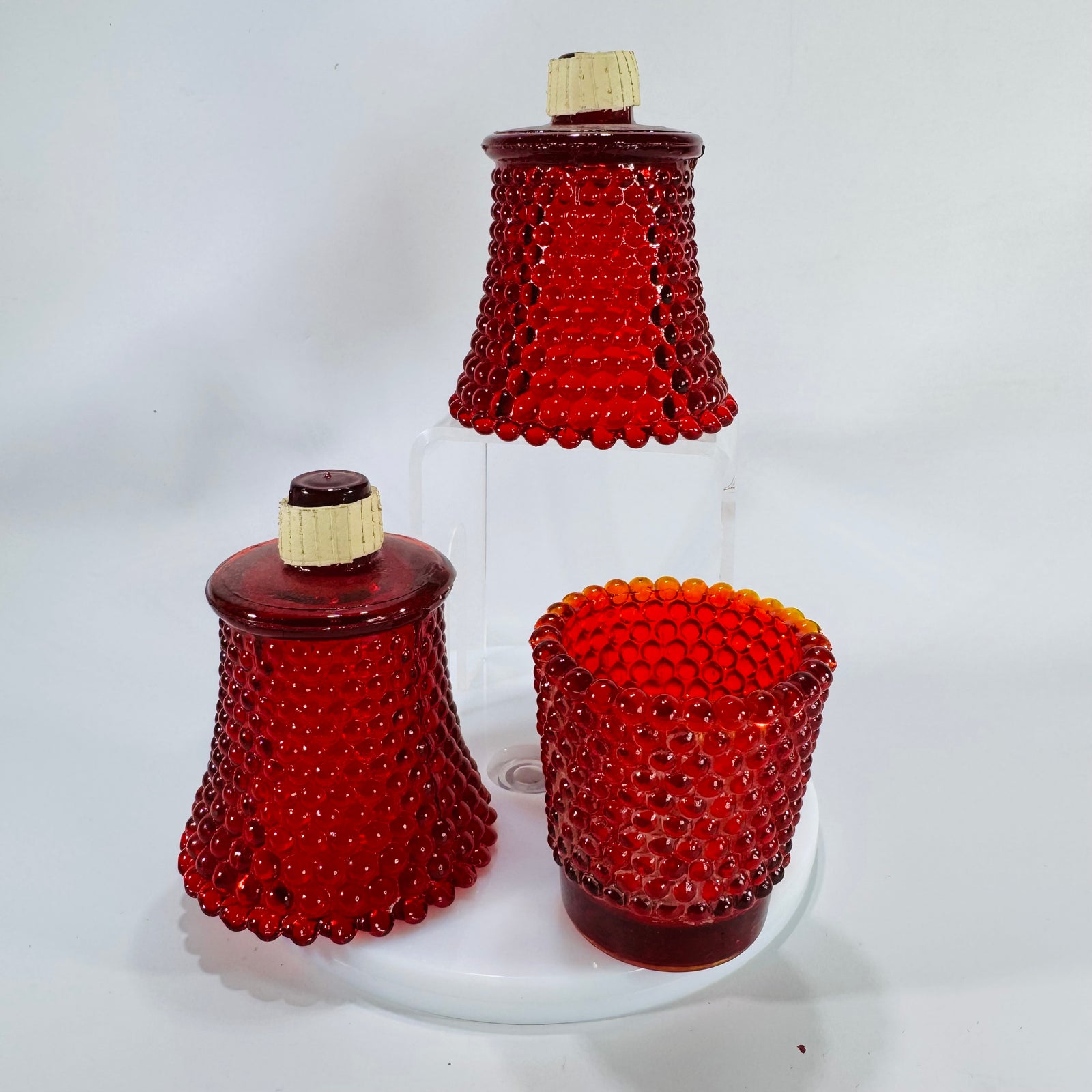 Vintage Ruby Red Hobnail Glass Votive Candle Holders Mid Century Tealight Cups Set of 3