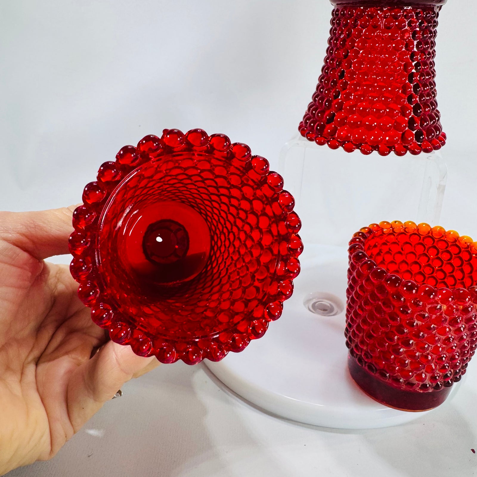 Vintage Ruby Red Hobnail Glass Votive Candle Holders Mid Century Tealight Cups Set of 3
