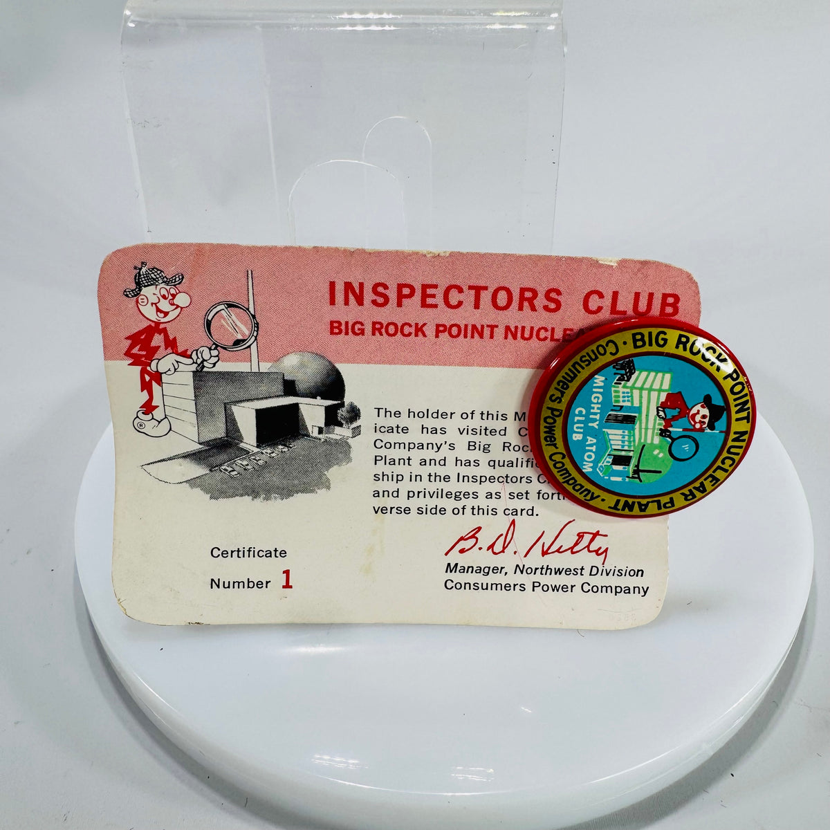 Big Rock Point Nuclear Plant Inspectors Club Certificate &amp; Mighty Atom Club Pin – Vintage Atomic Age Ephemera