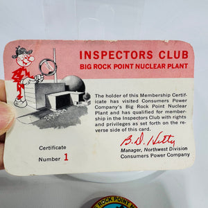Big Rock Point Nuclear Plant Inspectors Club Certificate & Mighty Atom Club Pin – Vintage Atomic Age Ephemera