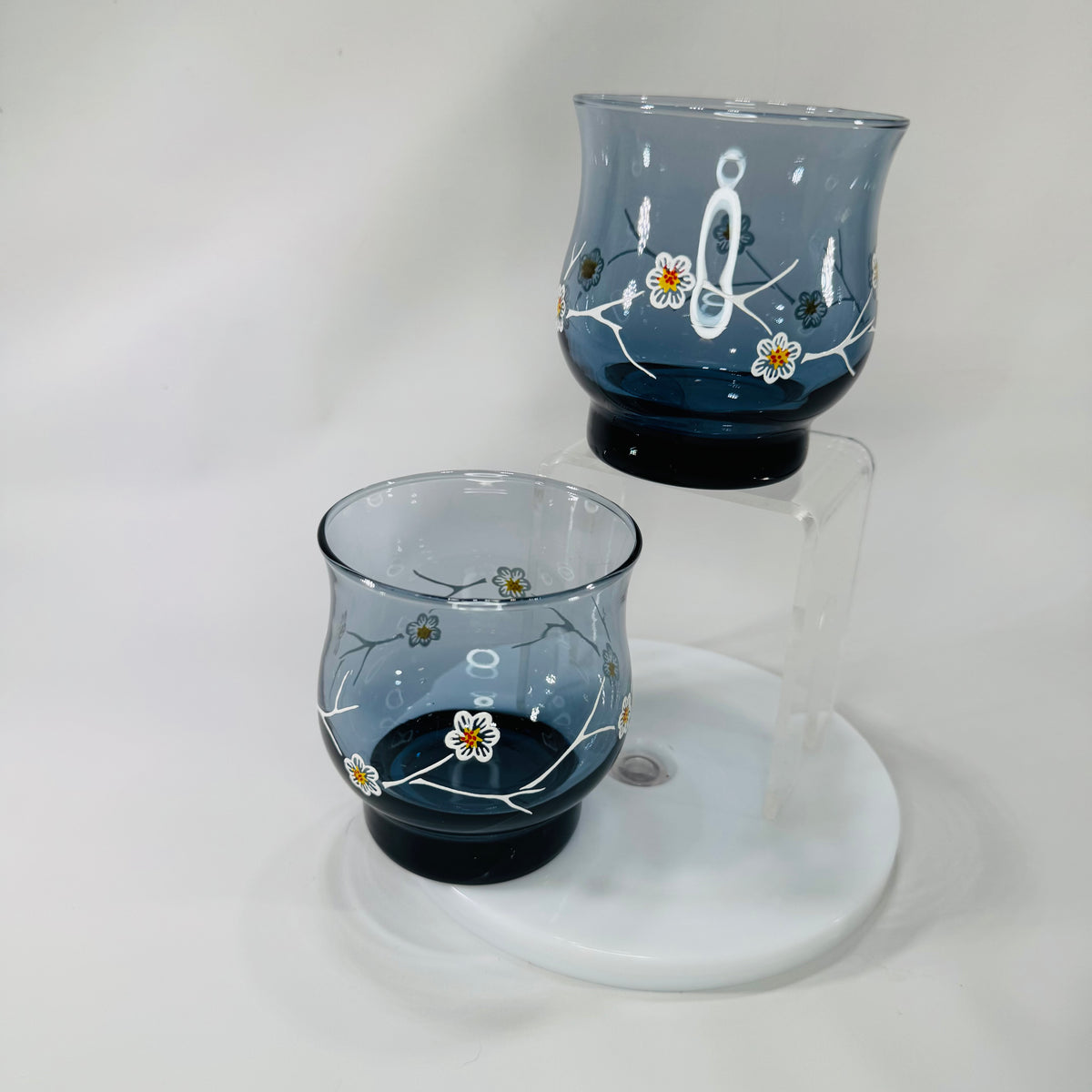 Vintage Libbey Dogwood Glasses Smoky Blue Floral Tumblers Mid Century Modern 1970s Set of 2