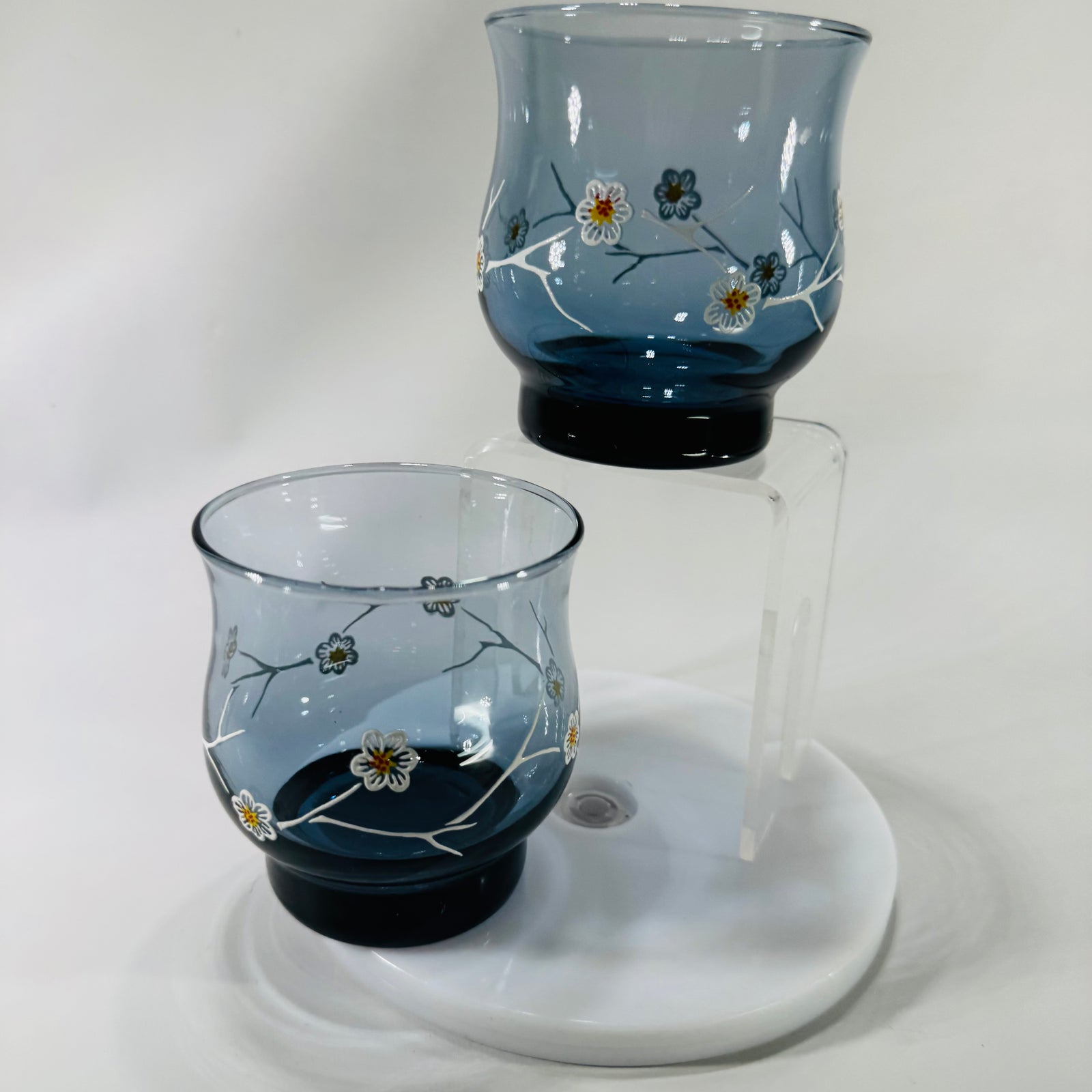 Vintage Libbey Dogwood Glasses Smoky Blue Floral Tumblers Mid Century Modern 1970s Set of 2