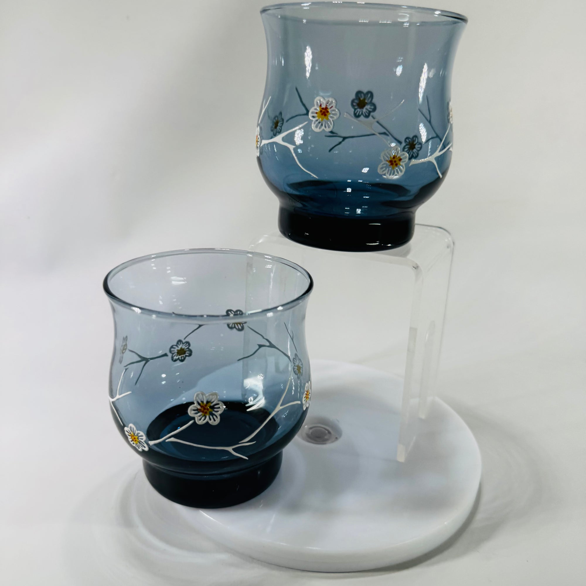 Vintage Libbey Dogwood Glasses Smoky Blue Floral Tumblers Mid Century Modern 1970s Set of 2