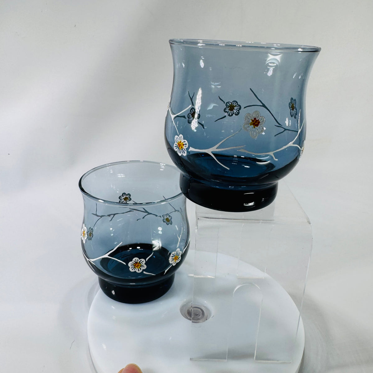 Vintage Libbey Dogwood Glasses Smoky Blue Floral Tumblers Mid Century Modern 1970s Set of 2