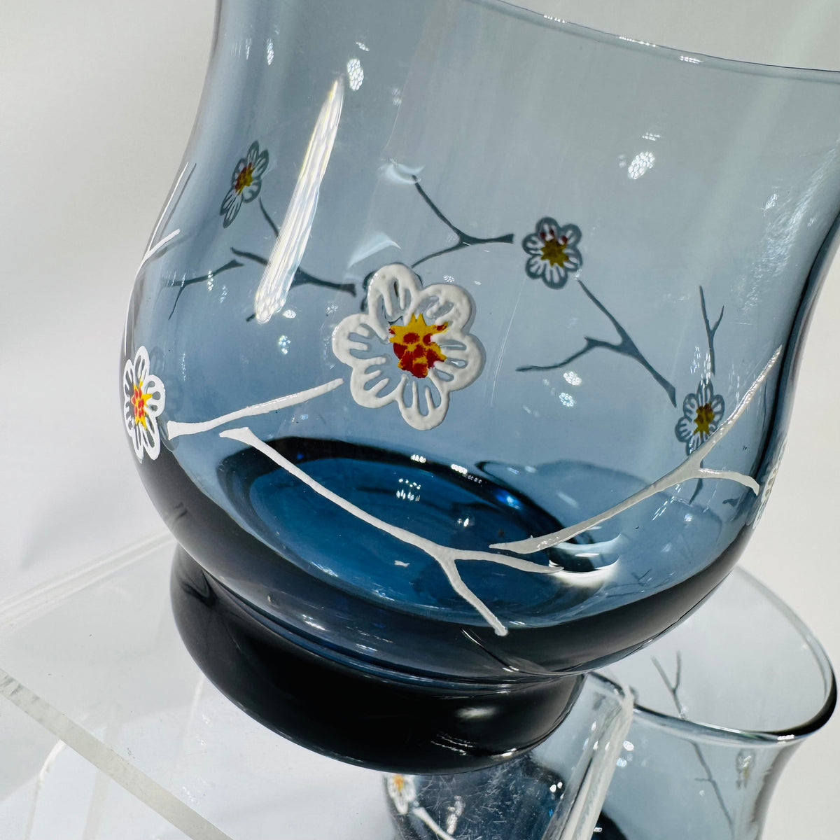 Vintage Libbey Dogwood Glasses Smoky Blue Floral Tumblers Mid Century Modern 1970s Set of 2