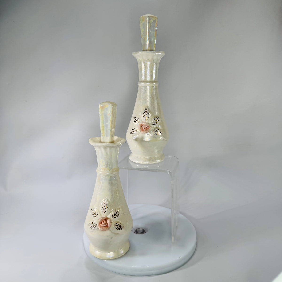Set of Vintage Nasco Japan Iridescent Porcelain Perfume Bottles w/ Stoppers – Pink Rose Vanity Décor (2)