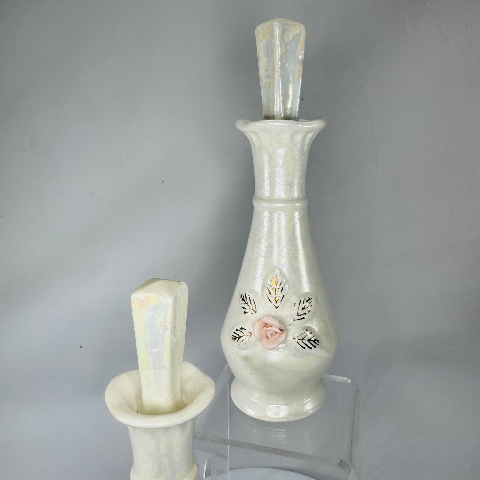 Set of Vintage Nasco Japan Iridescent Porcelain Perfume Bottles w/ Stoppers – Pink Rose Vanity Décor (2)