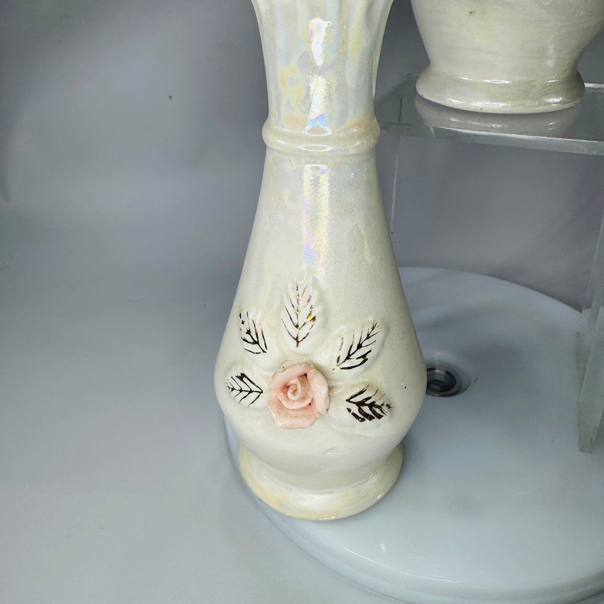 Set of Vintage Nasco Japan Iridescent Porcelain Perfume Bottles w/ Stoppers – Pink Rose Vanity Décor (2)