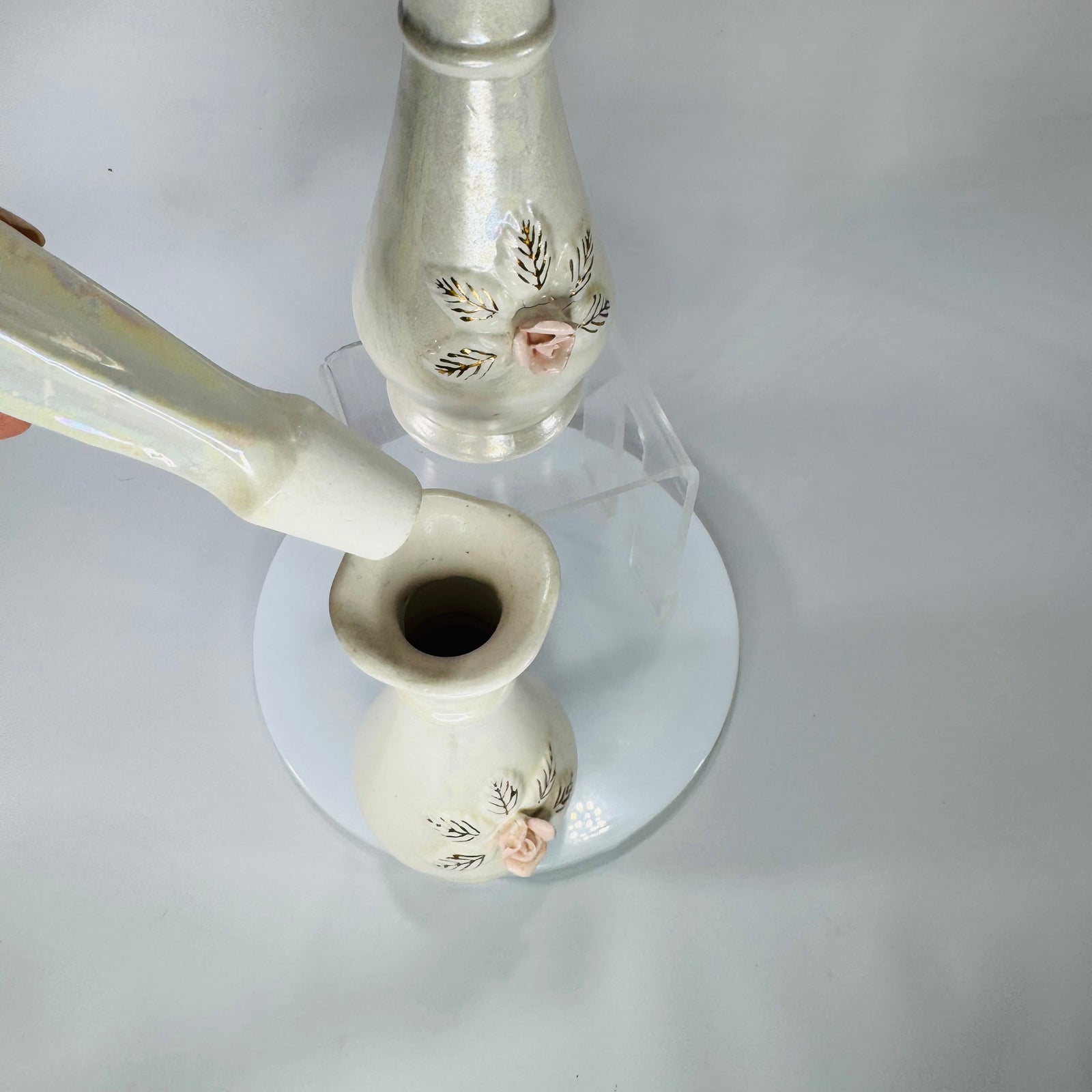 Set of Vintage Nasco Japan Iridescent Porcelain Perfume Bottles w/ Stoppers – Pink Rose Vanity Décor (2)