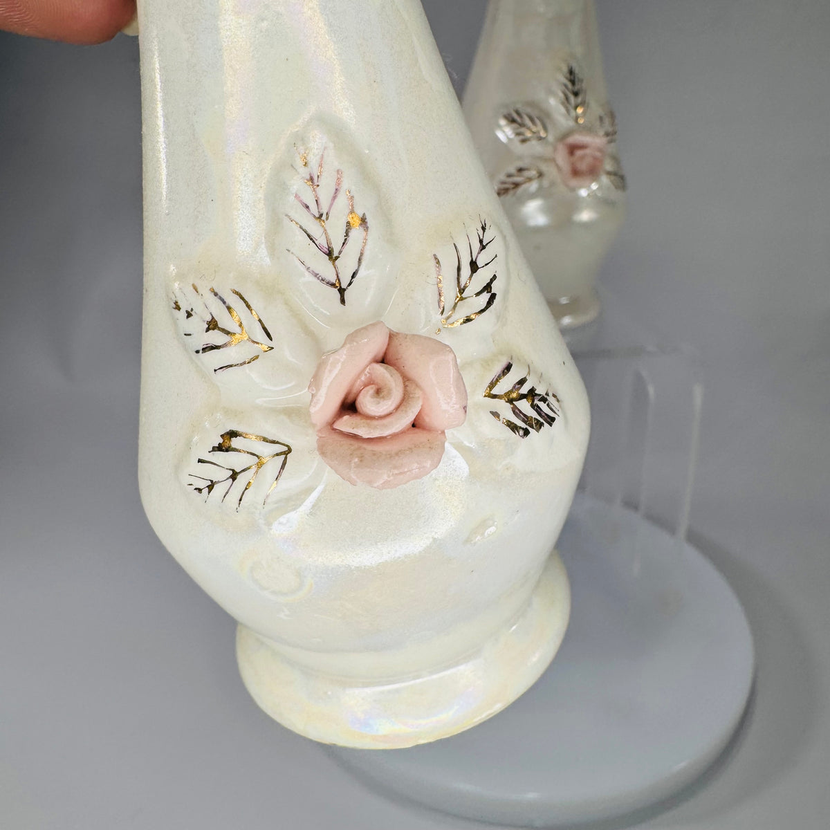 Set of Vintage Nasco Japan Iridescent Porcelain Perfume Bottles w/ Stoppers – Pink Rose Vanity Décor (2)