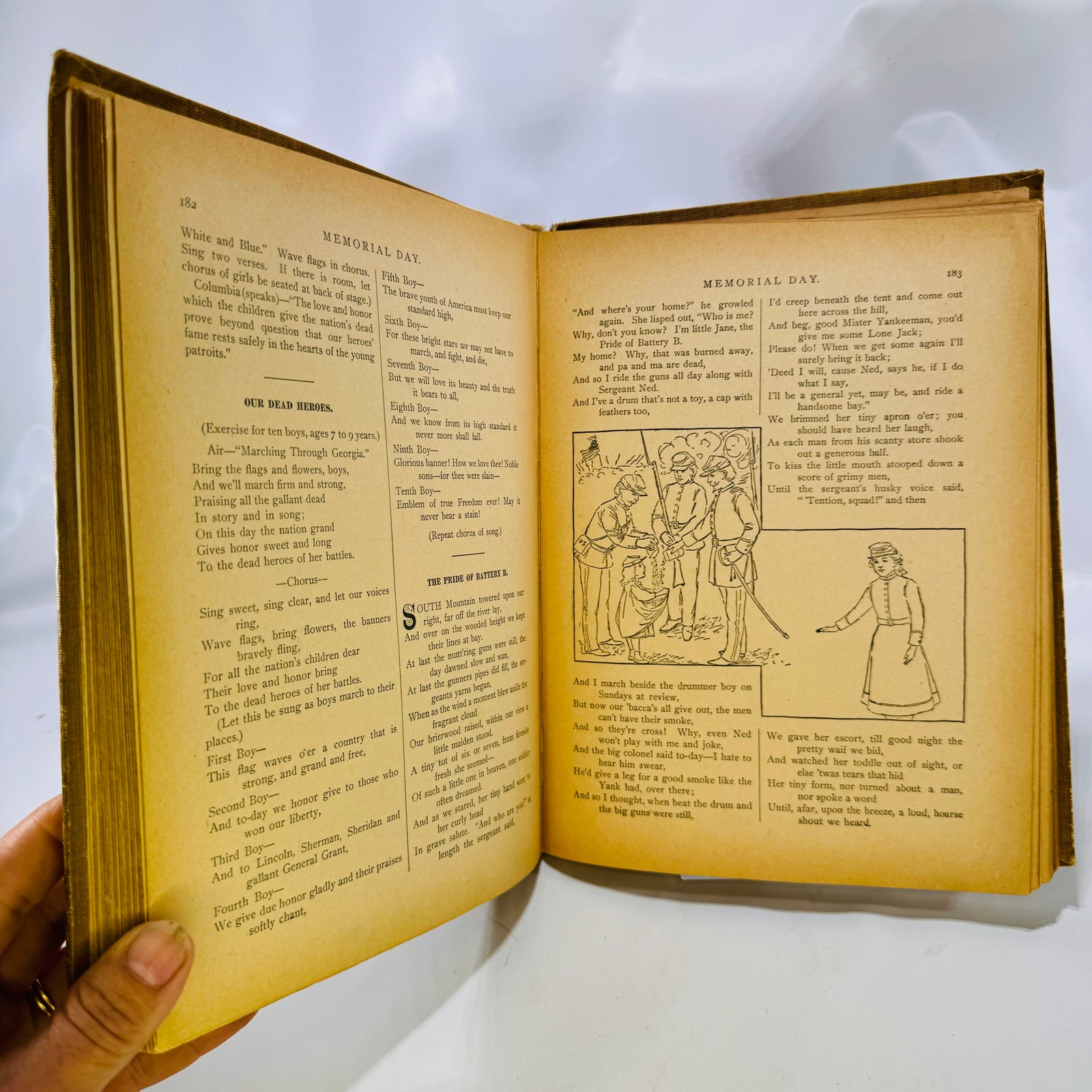 Memorial Day pages with a line drawing, The New Idea Speaker for Children