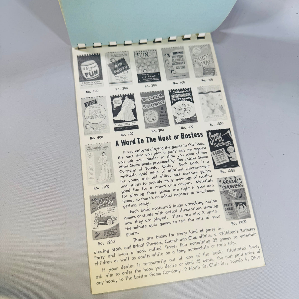 Vintage Party Game Book To the Aid of Your Party 1957 Leister Game Co Spiral Booklet