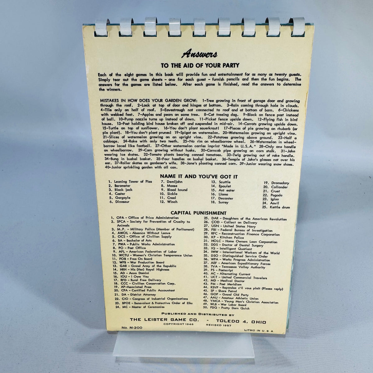 Vintage Party Game Book To the Aid of Your Party 1957 Leister Game Co Spiral Booklet
