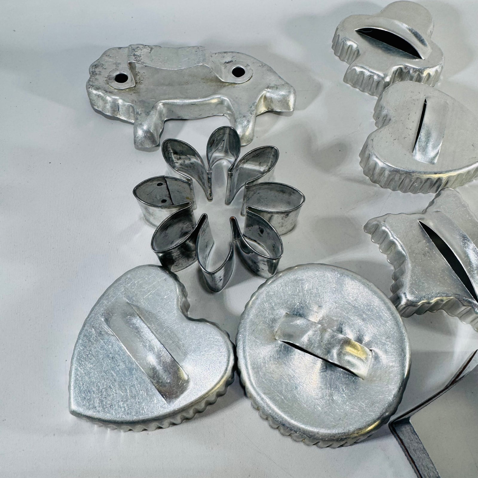 Vintage Aluminum Cookie Cutter Lot 9 Metal Baking Cutters Lion Heart Star Flower Kitchen Decor Bundle