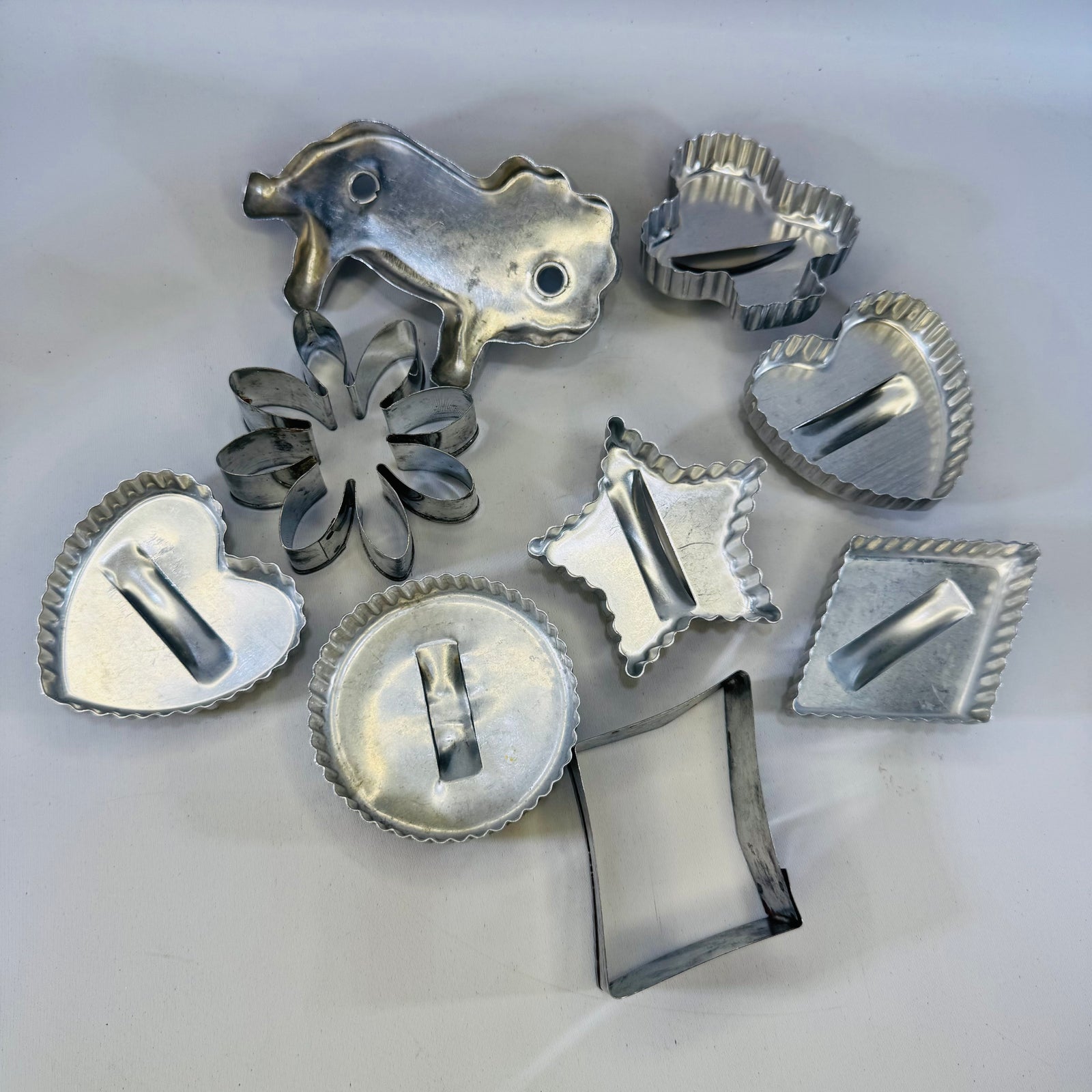 Vintage Aluminum Cookie Cutter Lot 9 Metal Baking Cutters Lion Heart Star Flower Kitchen Decor Bundle
