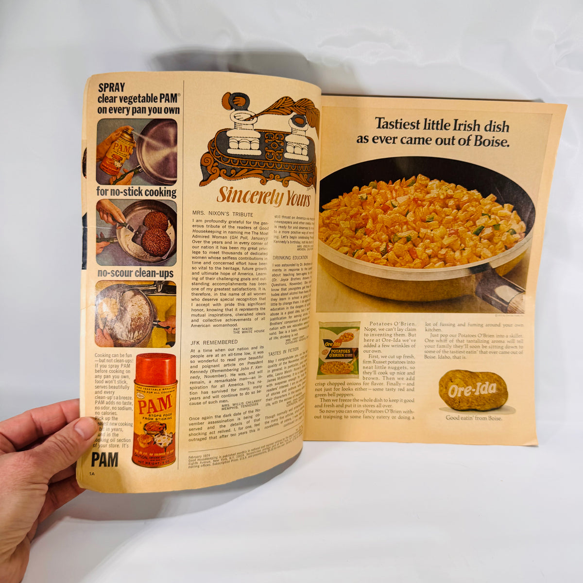 Good Housekeeping February 1974 PAM and Ore-Ida ad pages