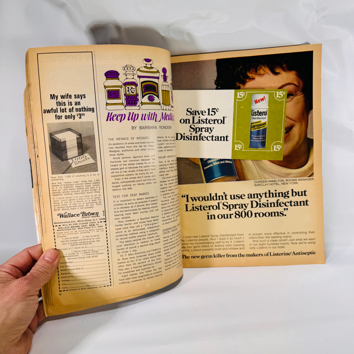 Good Housekeeping February 1974 Listerol ad and column pages