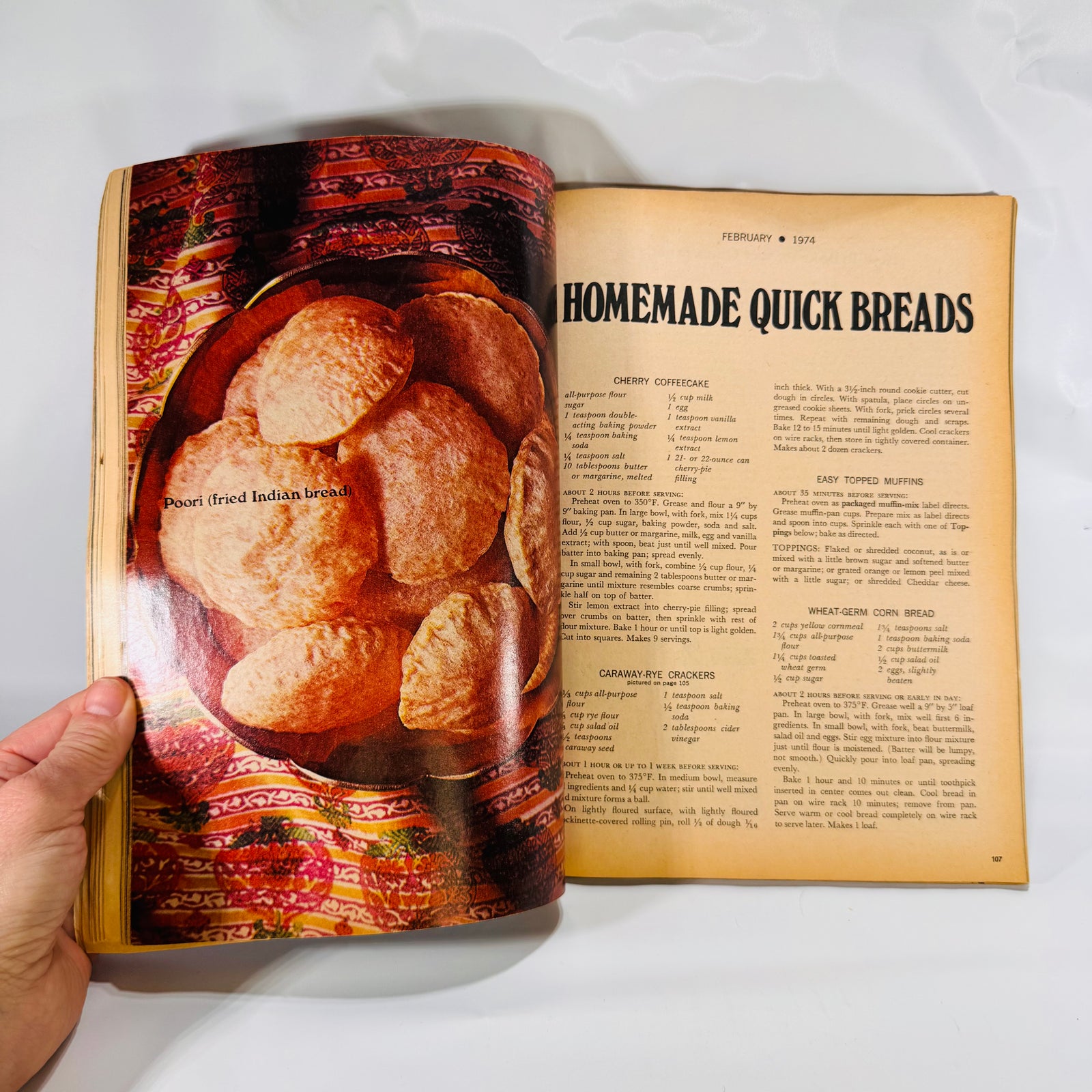 Good Housekeeping February 1974 Homemade Quick Breads page with poori photo