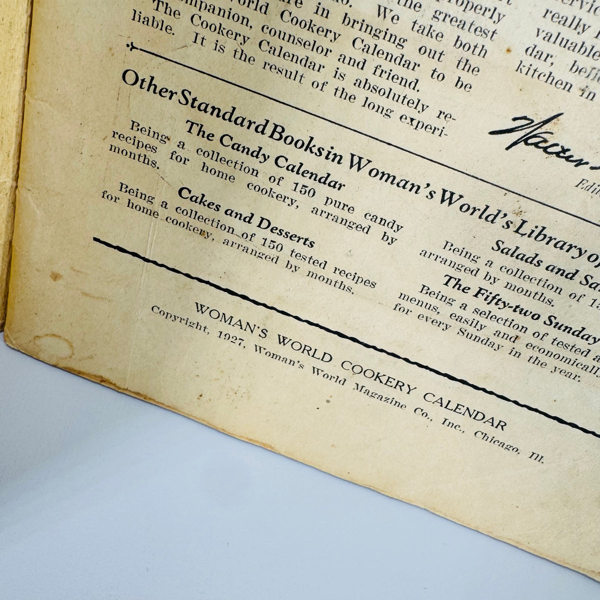 Vintage Cookbooks, Culinary History — The Cookery Calendar (1927) + H.W. McNess Cook Book (1935) — Woman’s World Magazine Co. | Illustrated Recipes, Culinary History
