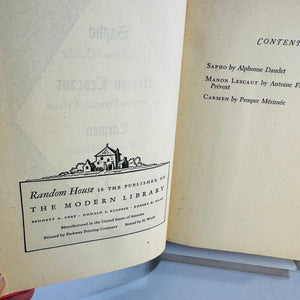 Three Famous French Romances Modern Library No. 85 Hardcover with Dust Jacket Sapho Manon Lescaut Carmen