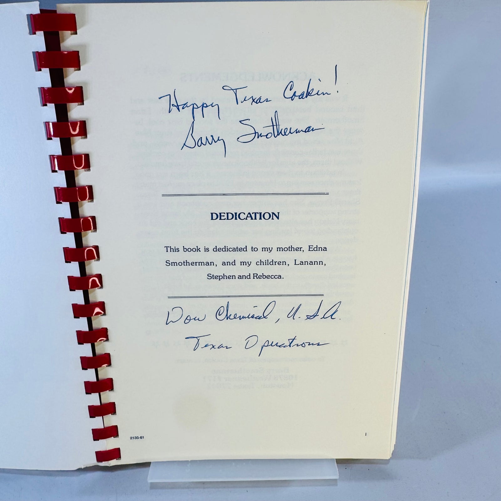 Texas Cookin Cookbook by Barry Smotherman Spiral Bound Texas Recipes Author Inscription