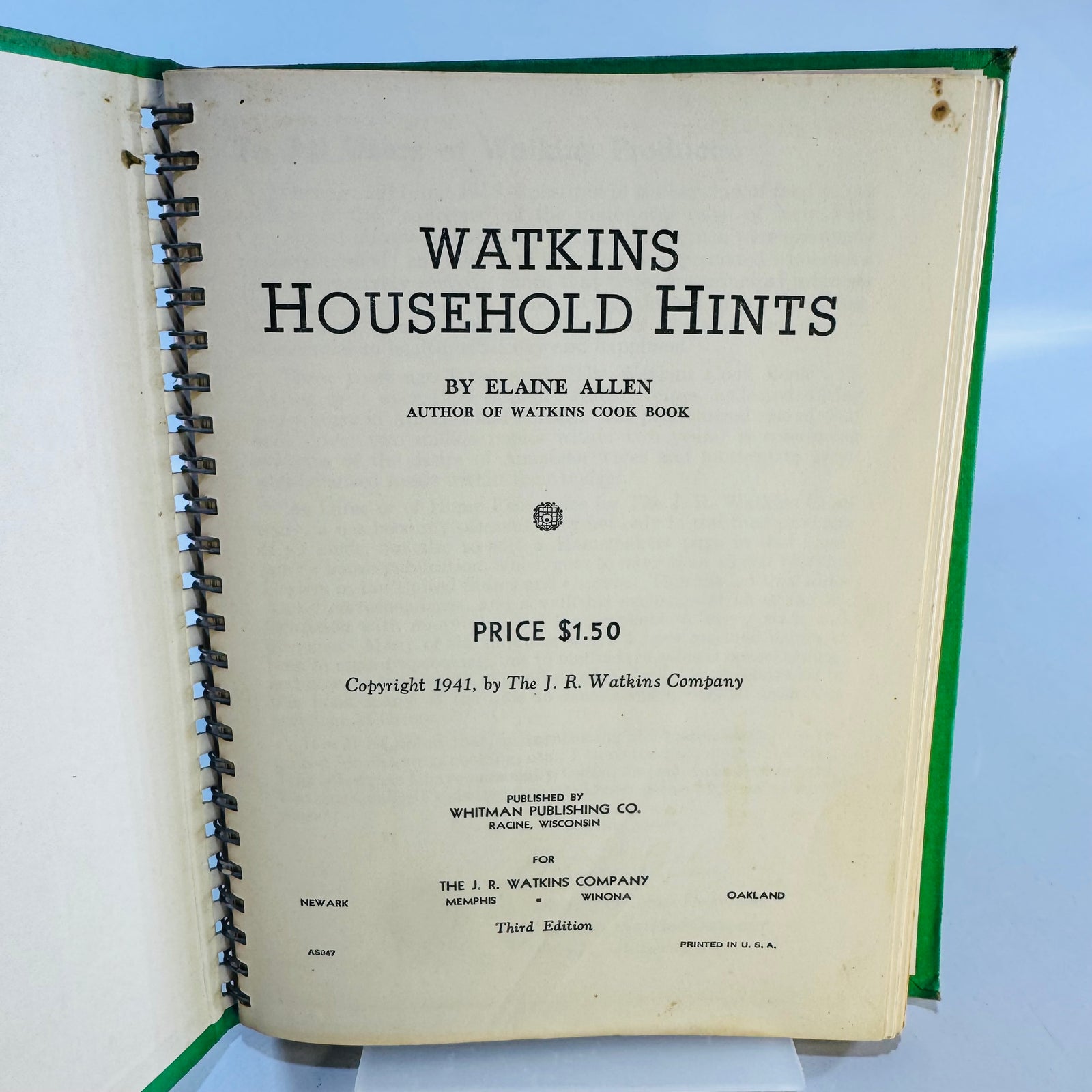 1941 Watkins Household Hints Green Cover Cookbook Elaine Allen Metal Spiral Third Edition