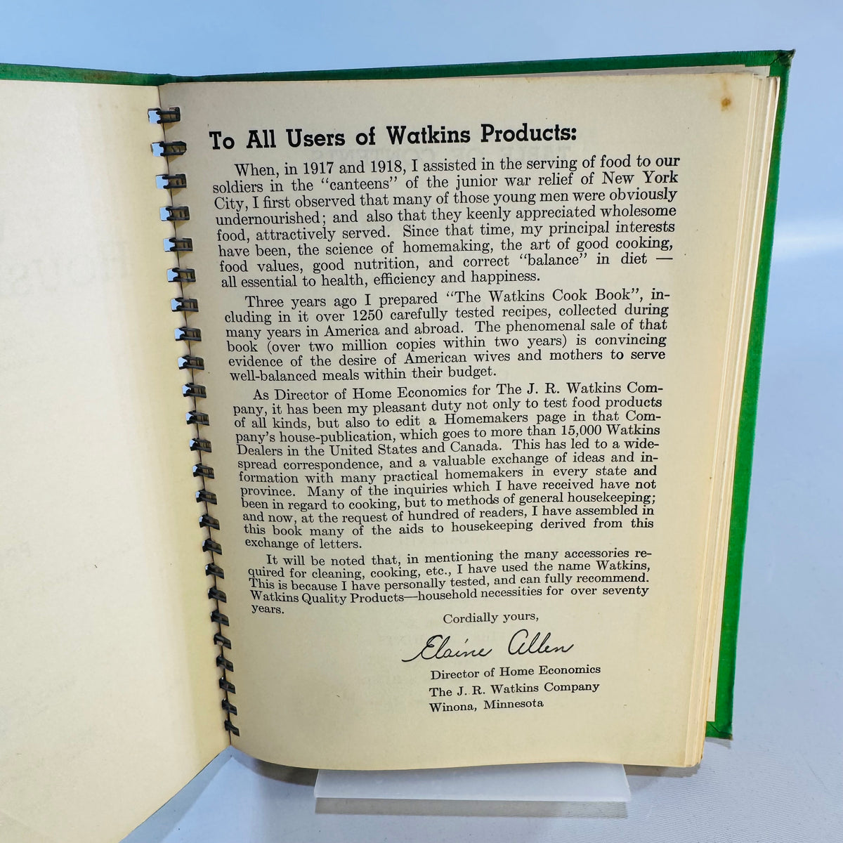 1941 Watkins Household Hints Green Cover Cookbook Elaine Allen Metal Spiral Third Edition