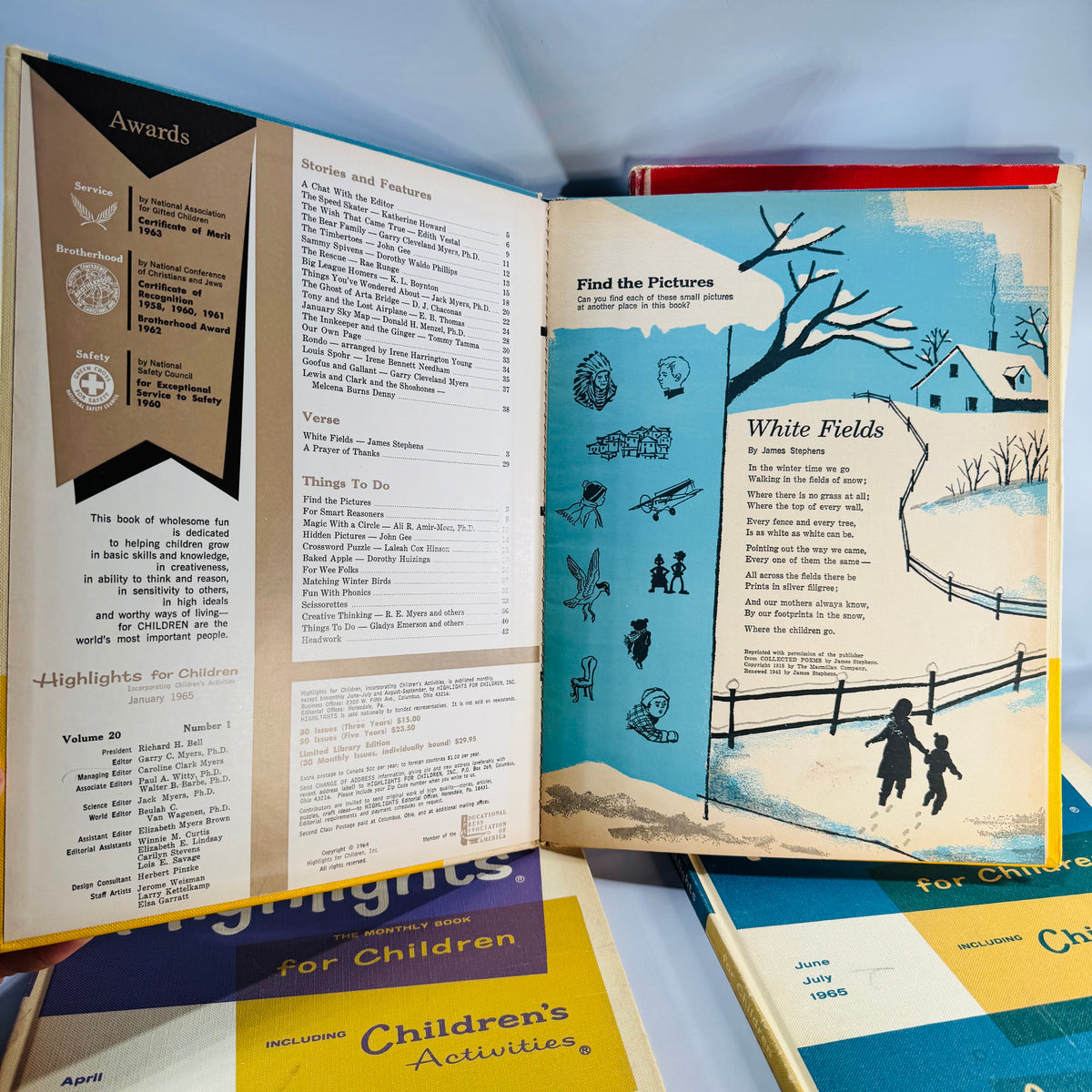 Mid-Century Highlights for Children 1965 Lot of 4 — Jan Feb Apr June-July (Vol 20) — Pictorial Boards, Children’s Activities & Educational Stories