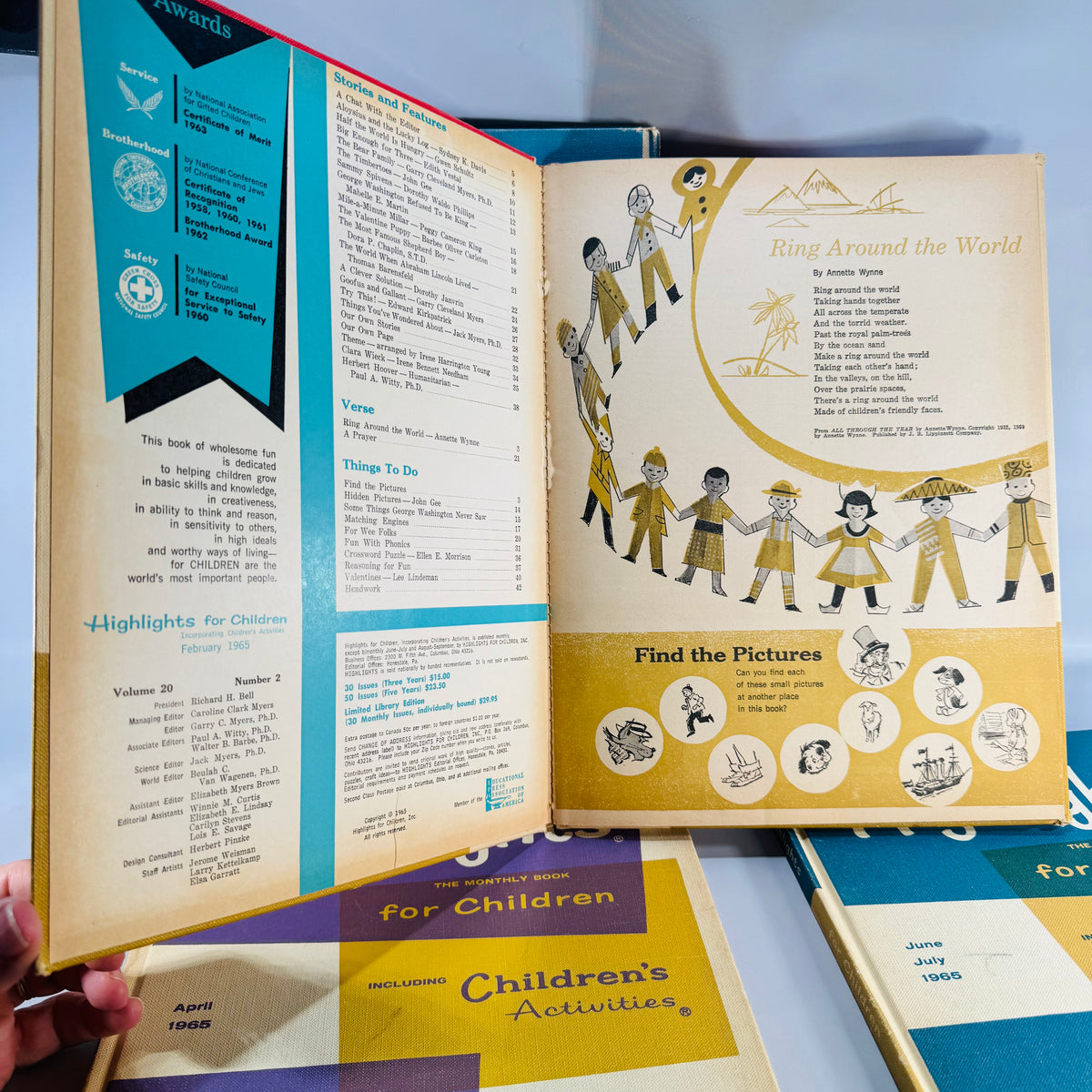 Mid-Century Highlights for Children 1965 Lot of 4 — Jan Feb Apr June-July (Vol 20) — Pictorial Boards, Children’s Activities & Educational Stories