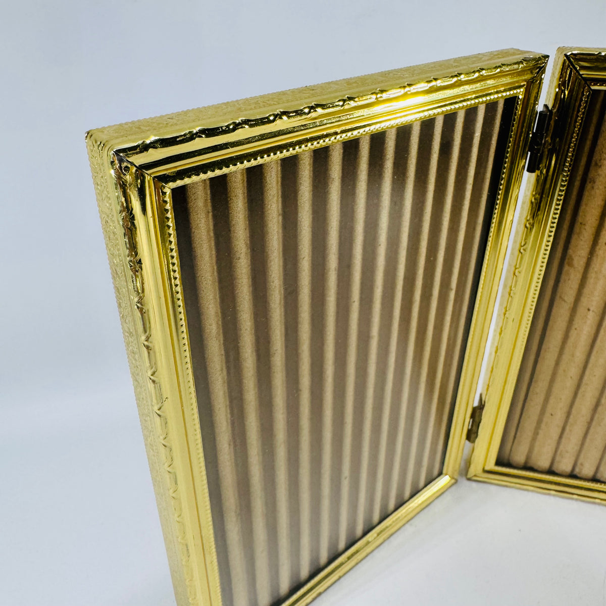 Vintage Gold Tone Double Picture Frame Hinged 5x7 Bifold Ornate Metal Tabletop Frame