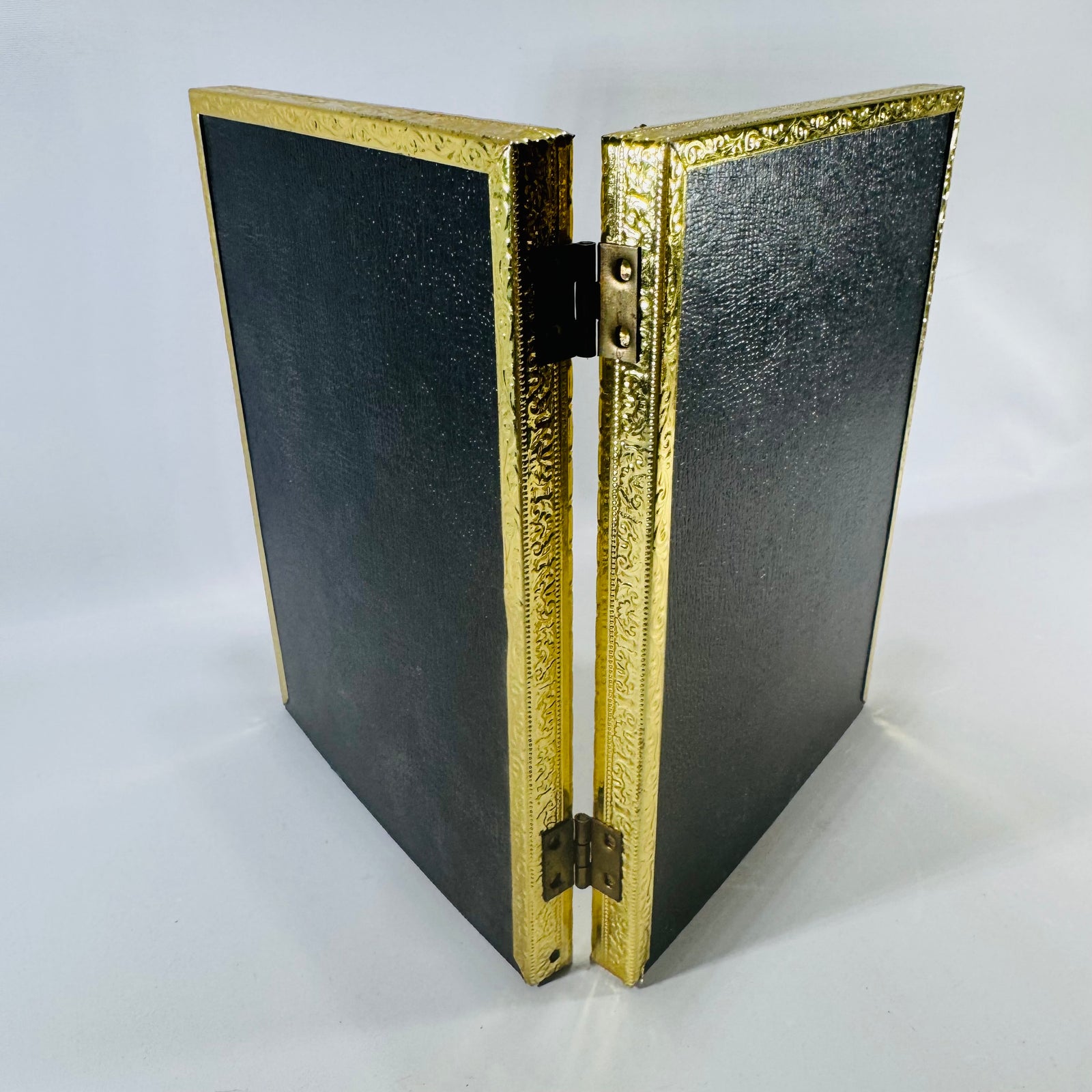 Vintage Gold Tone Double Picture Frame Hinged 5x7 Bifold Ornate Metal Tabletop Frame
