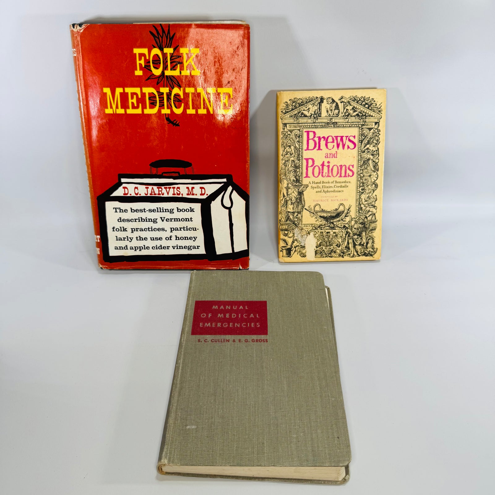 Vintage Remedies & Folk Medicine Book Bundle (3) — Jarvis Folk Medicine (1958) + Rickards Brews and Potions (Hugh Evelyn, London) + Cullen/Gross Manual of Medical Emergencies (1950 reprint) | Occult Folklore + Medical History