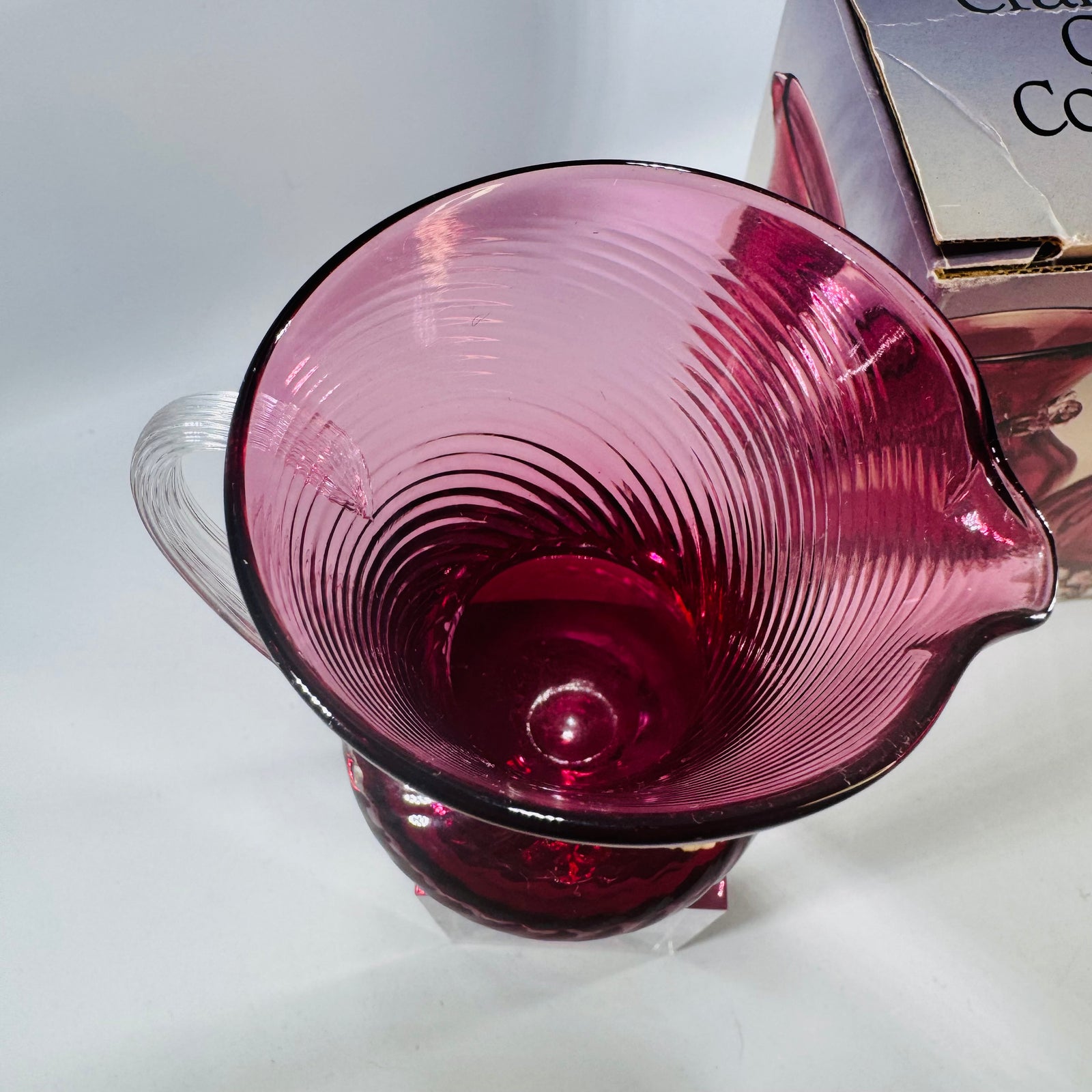 Pilgrim Cranberry Glass Mini Pitcher Atlanta Swirl Hand Blown Art Glass with Original Box