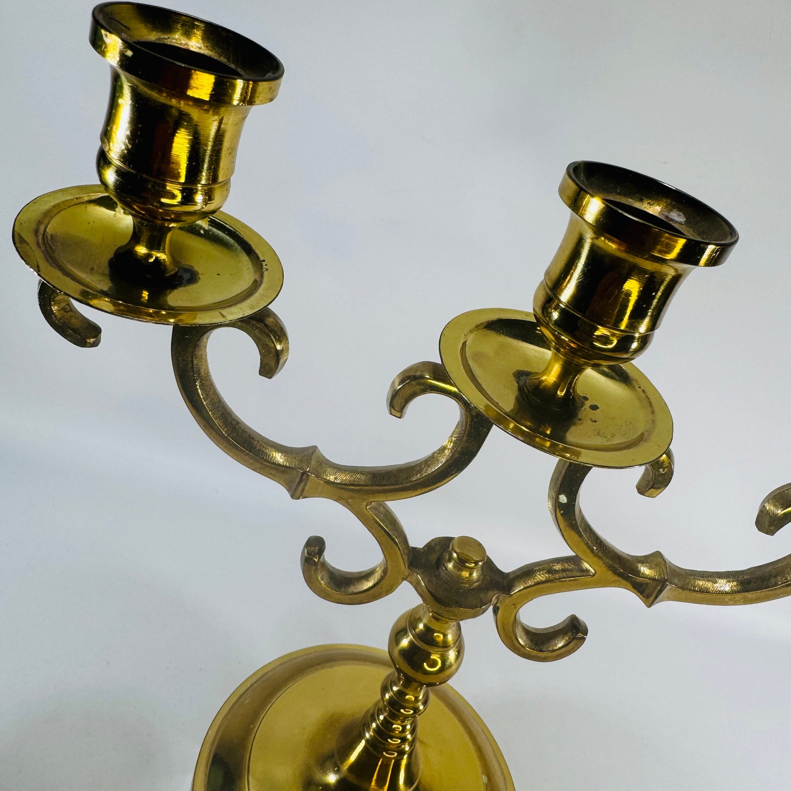 Vintage Brass Tone Three Arm Candelabra 9 Inch Ornate Scroll Taper Candle Holder