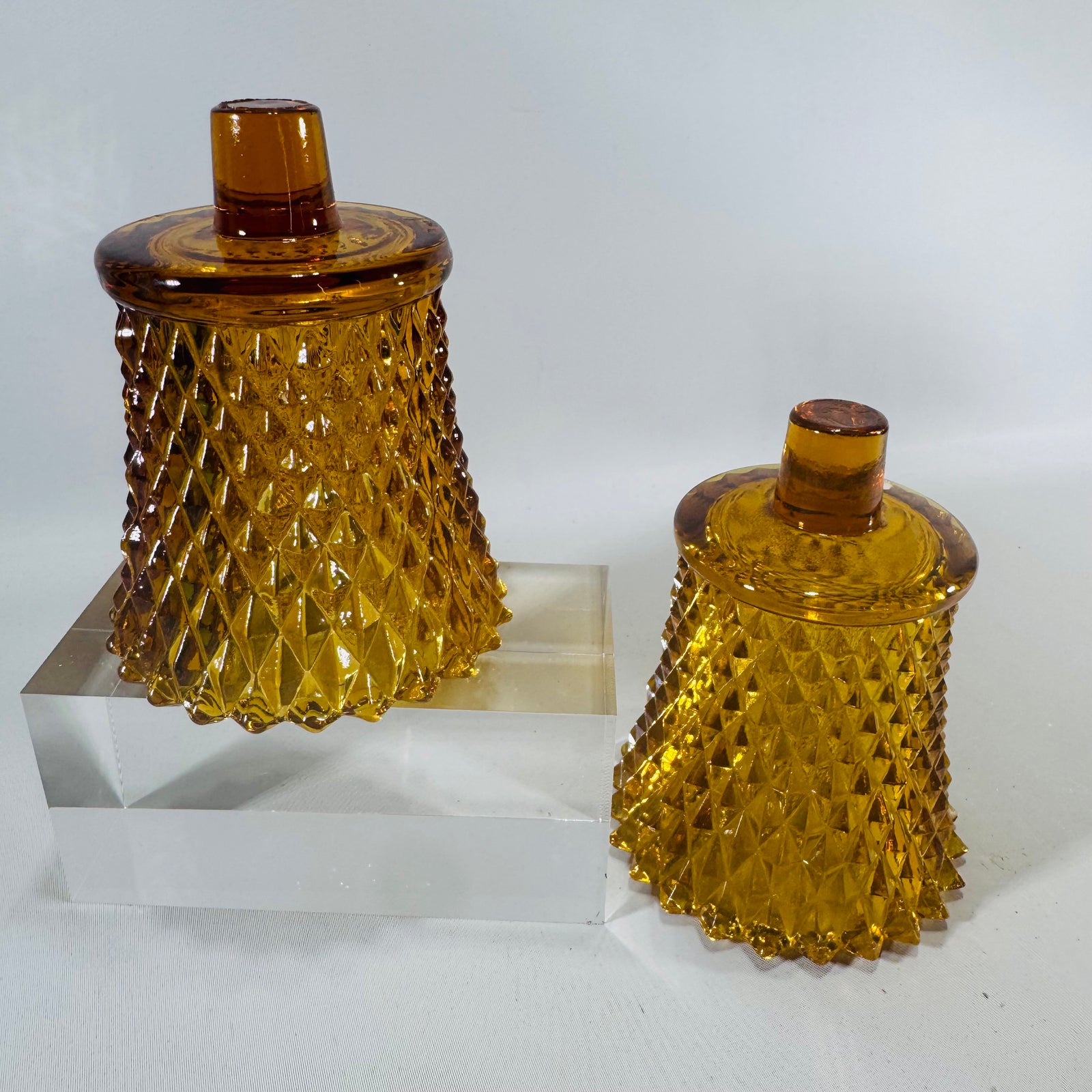 Homco Amber Diamond Point Peg Votive Holders Set of 2 Vintage Home Interiors Glass Candle Cups