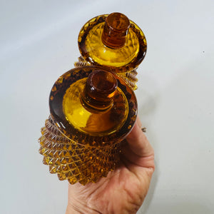 Homco Amber Diamond Point Peg Votive Holders Set of 2 Vintage Home Interiors Glass Candle Cups
