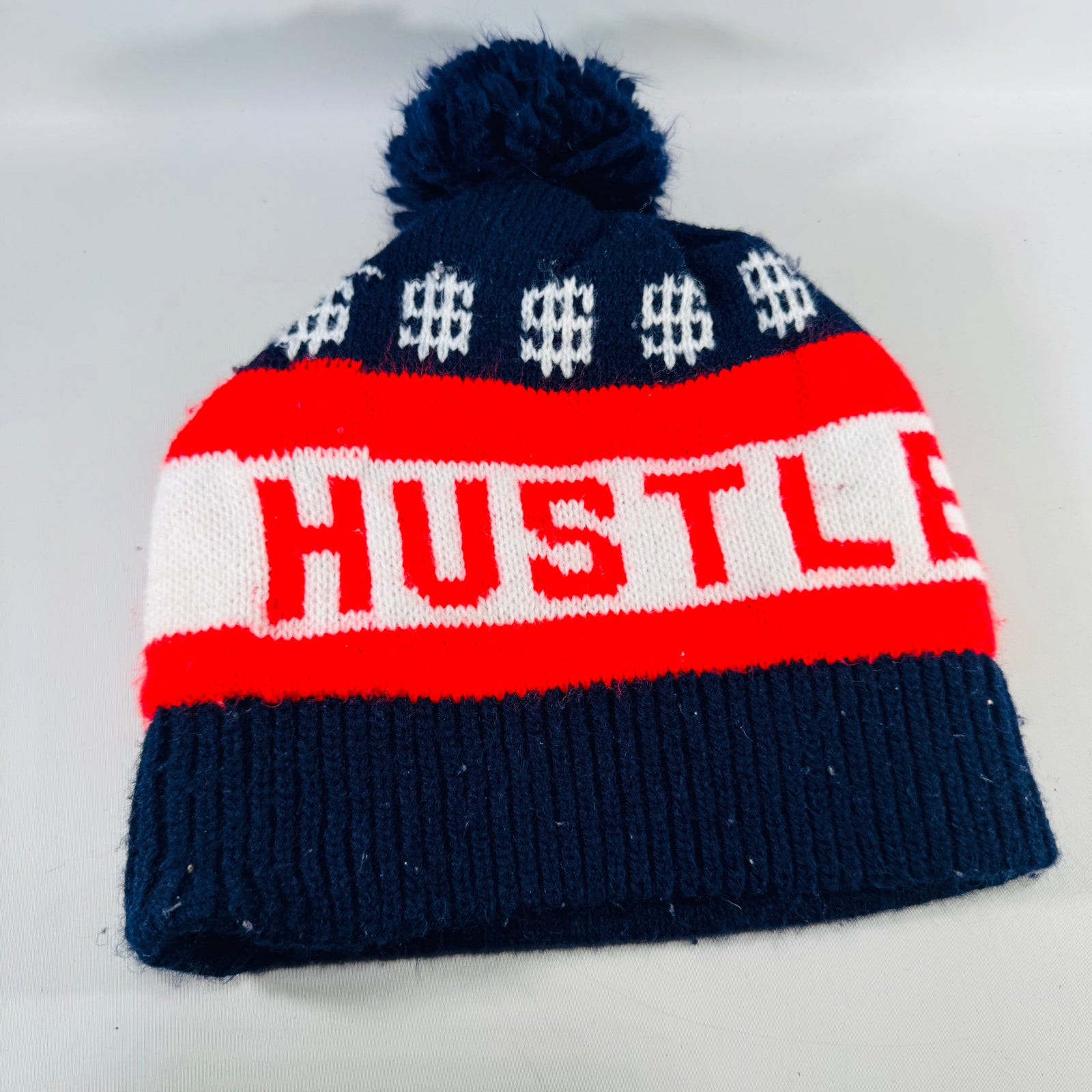 Y2K Hustle Pom Pom Beanie Red White Blue Dollar Sign Streetwear Knit Hat