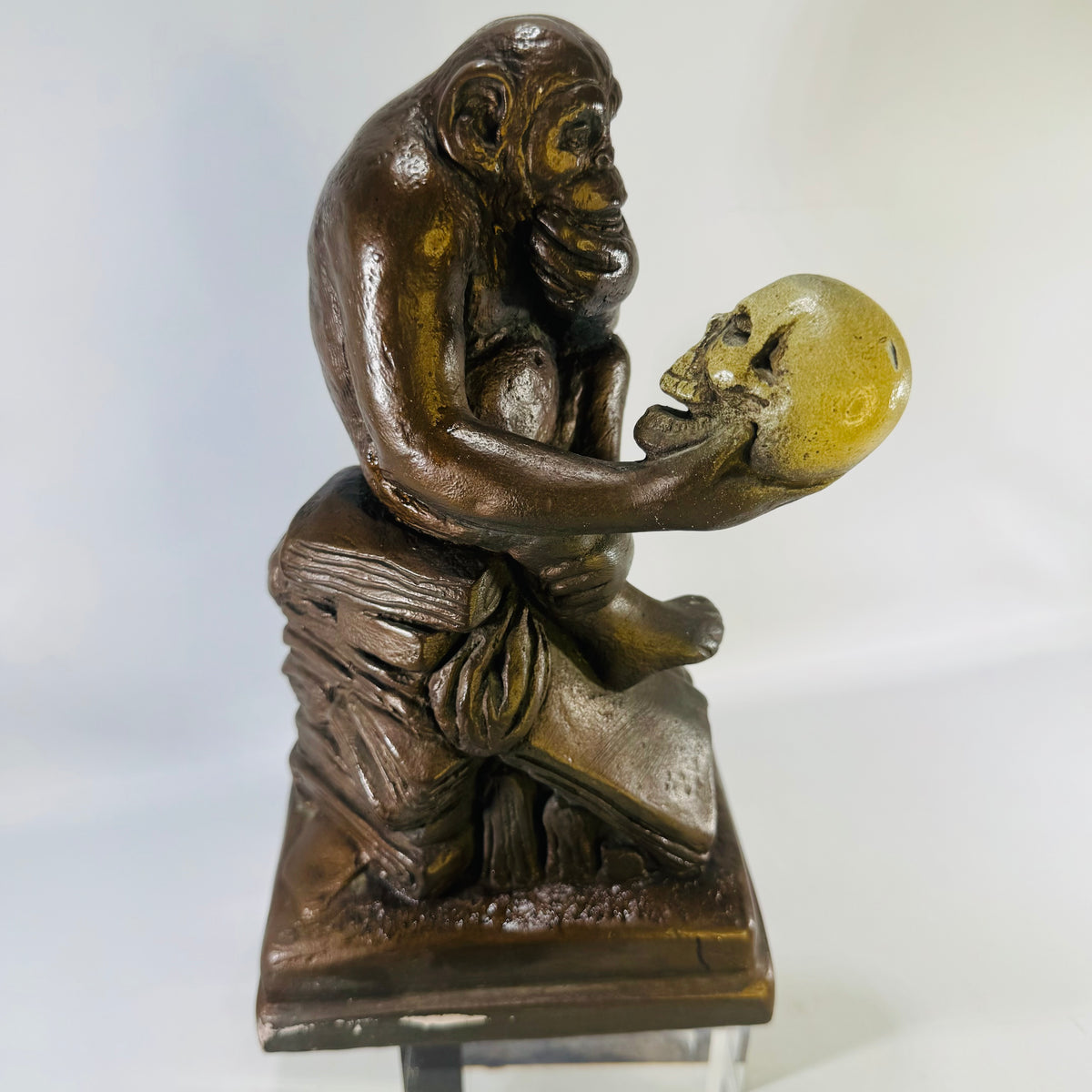 1962 Austin Productions Darwin Monkey Statue, Ape With Skull Thinker Chalkware Sculpture, 10 Inch