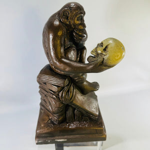 1962 Austin Productions Darwin Monkey Statue, Ape With Skull Thinker Chalkware Sculpture, 10 Inch