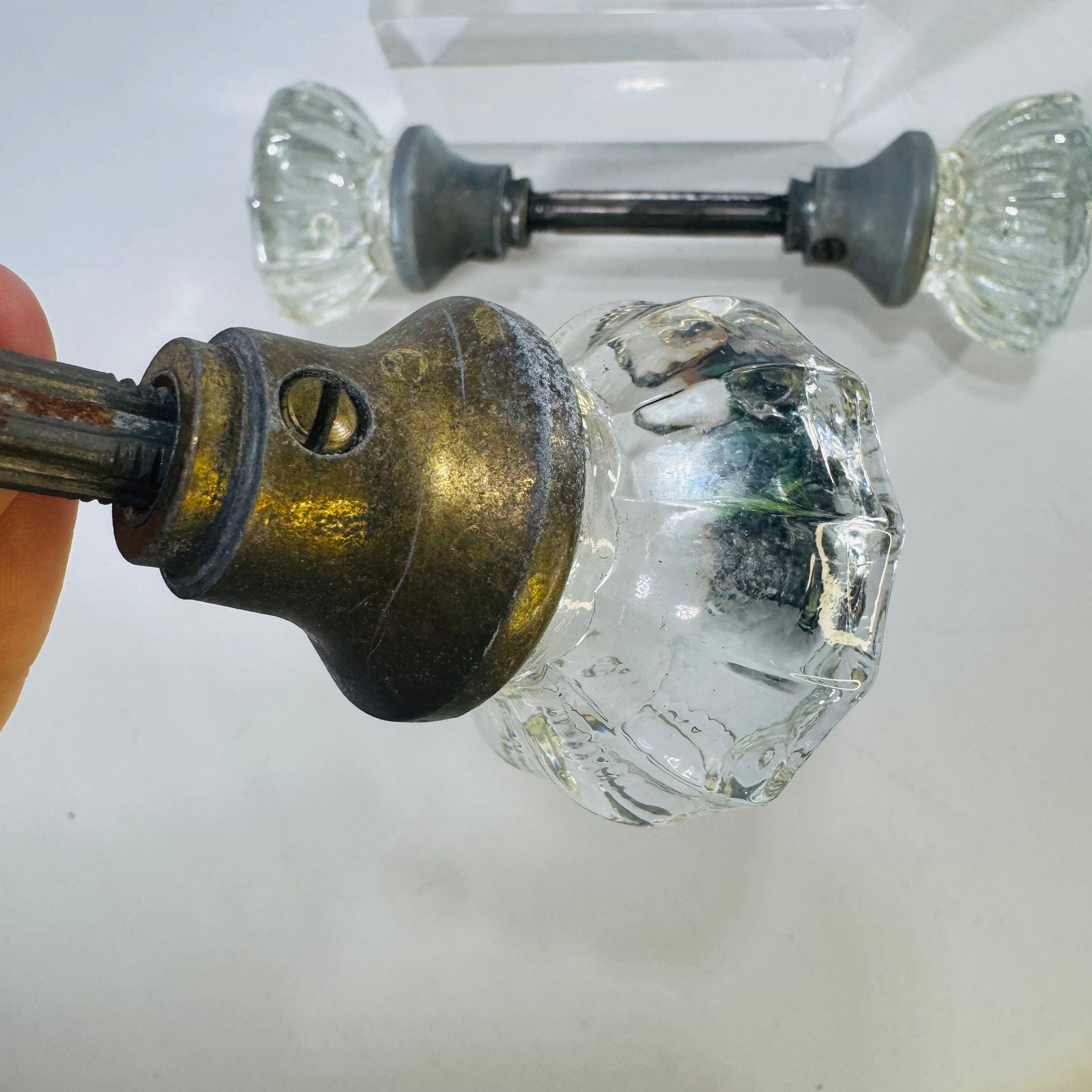 Vintage Glass Doorknob Set Bundle, 4 Fluted Clear Knobs With 2 Threaded Spindles, Antique Door Hardware